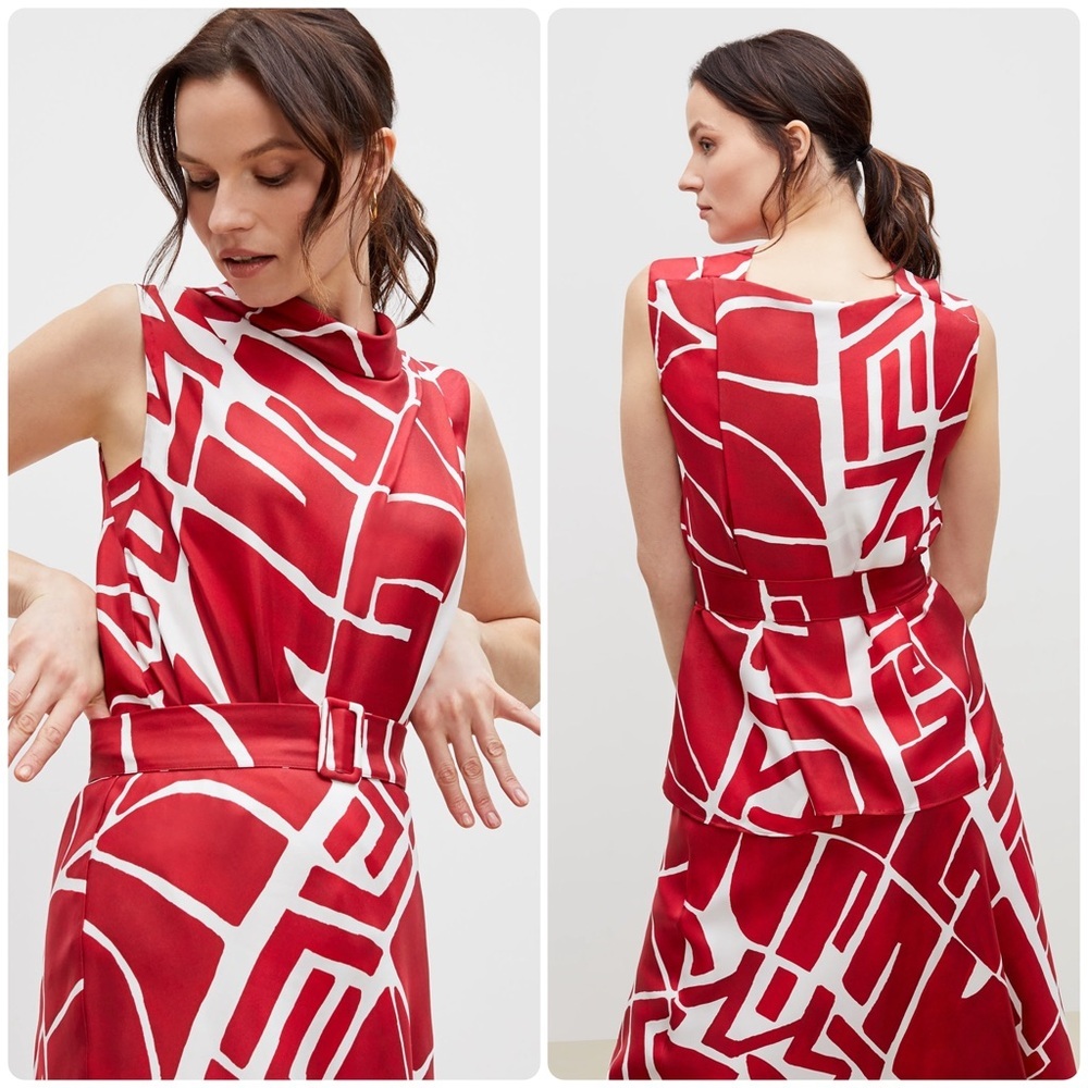 New! MM Lafleur The Marissa Silk Red and White Abstract Sleeveless Top ❤️ Medium